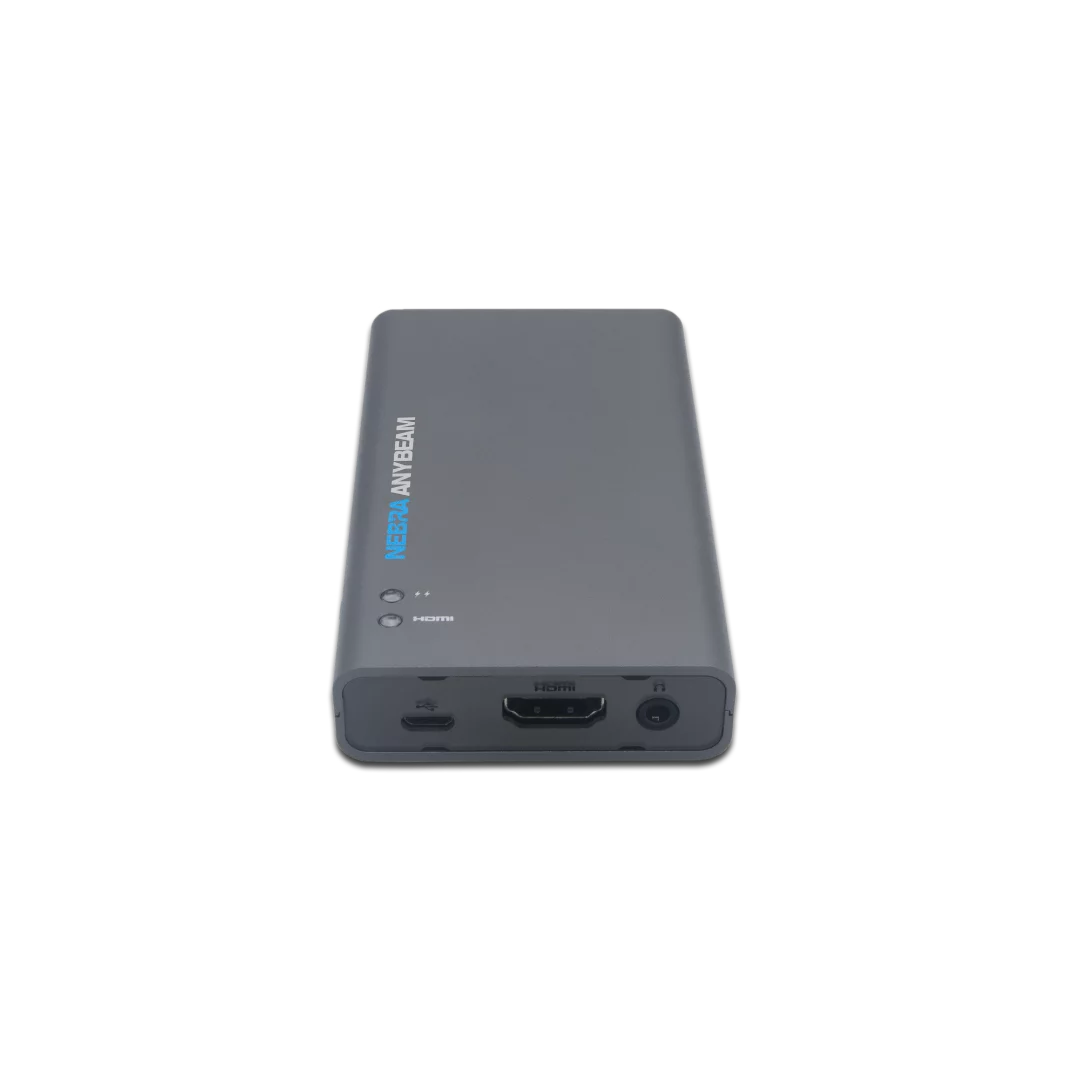 The Nebra AnyBeam includes a 1 watt speaker, but a 3.5 mm audio out jack has been included for connection to headphones or a powered speaker