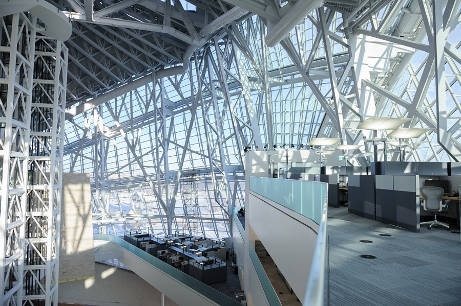 A view of workspaces and the glass frontage at the Canadian Museum for Human Rights