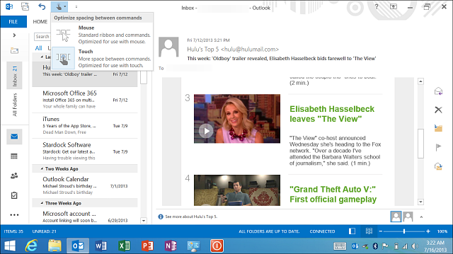 Outlook RT is optimized for touch control by default