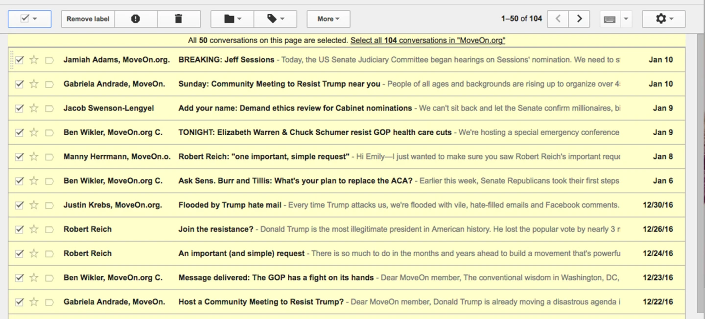 If there are more messages than fit on one page, choose the "Select all X conversations" link