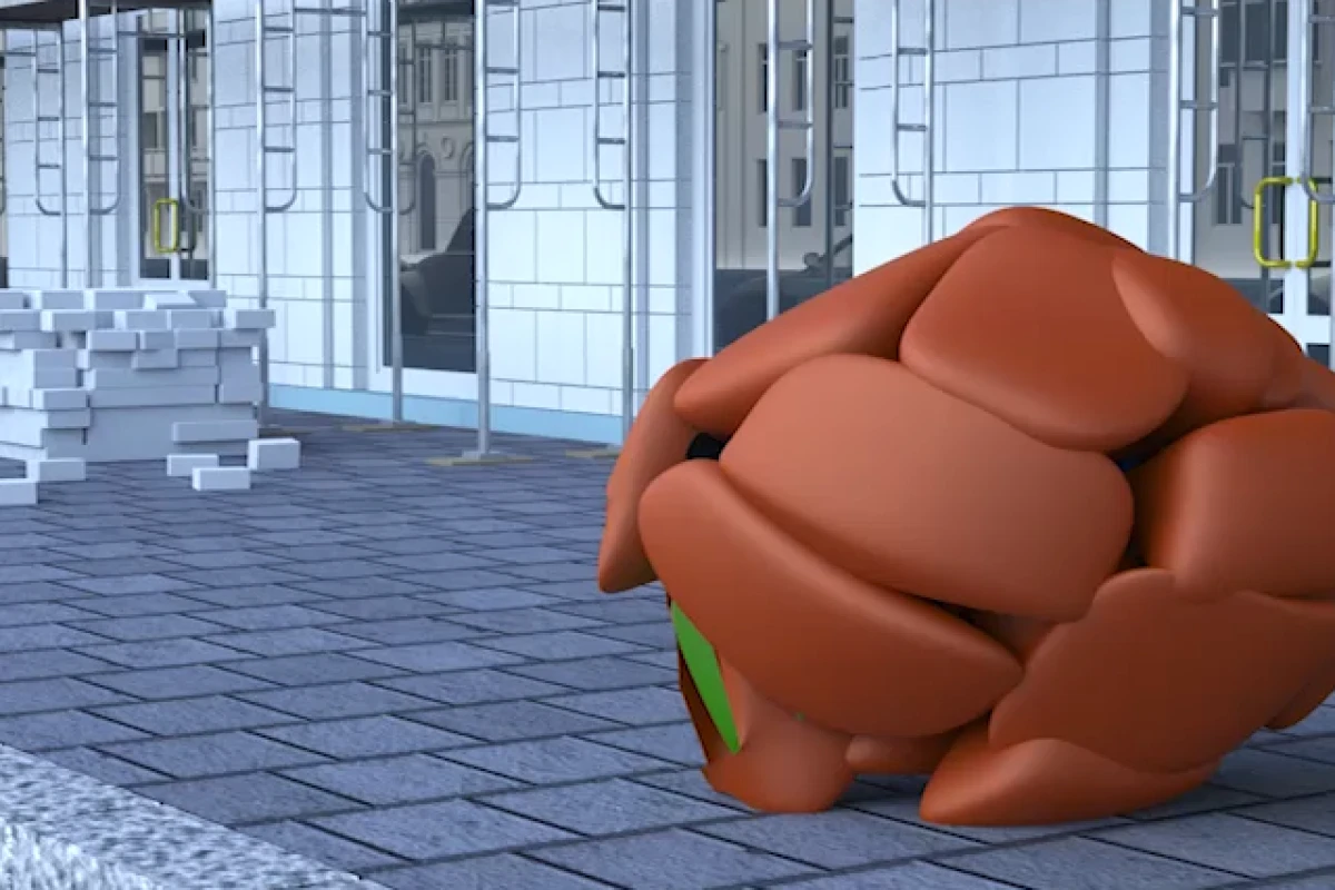 In this rendering, the i Gel protects someone falling off a building by pushing him into a ball and inflating airbags all around him