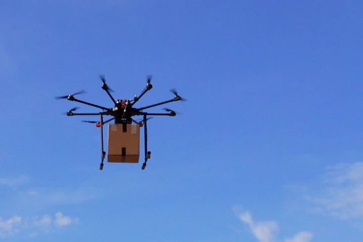 The RDS2 setup can carry pretty much anything that fits between the drone's landing struts – the drone pictured here is A2Z Drone Delivery's new RDST octocopter