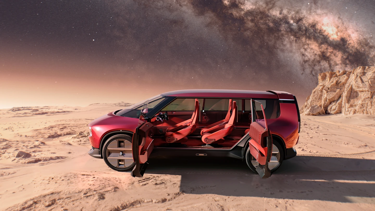 The pillar-free entry exposes a luxurious and versatile interior with swiveling seats that appear to float but have hidden pedestals on the flat floor
