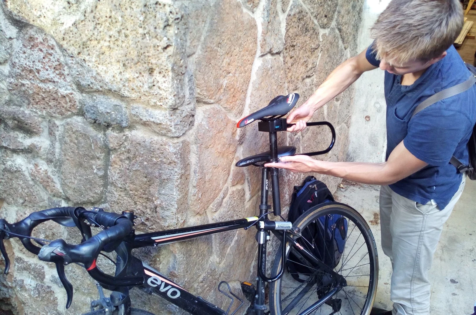 The EverLock consists of a main crossbar (which doubles as the actual seatpost) and a solid steel U-shaped shackle that slides into two holes on that crossbar's backside