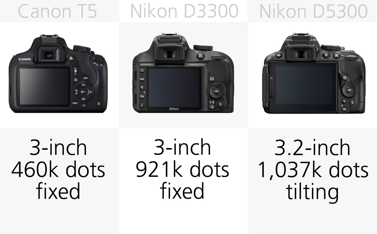 The Canon Rebel T5 has the lowest monitor resolution of the bunch