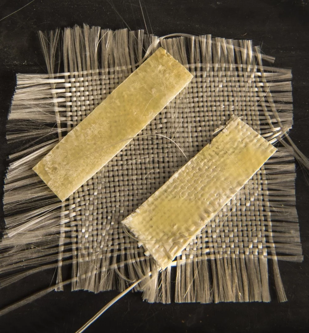 Samples of the fiber-reinforced reclaimed PET that were produced using the new technique