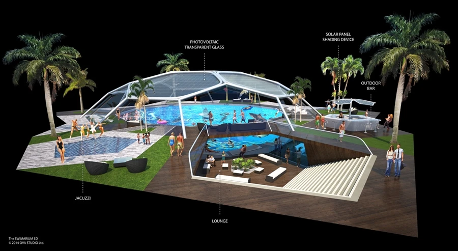 A front-side view of the Swimarium plan and the entrance