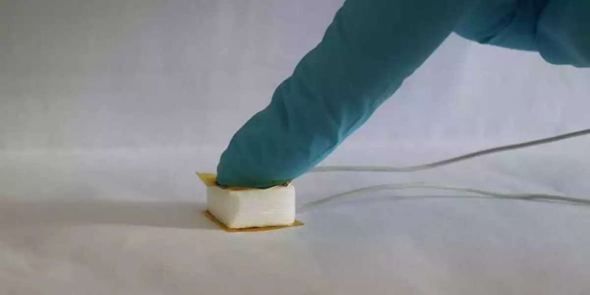 A sample cube of the spongy wood nanogenerator that can produce electricity when squeezed