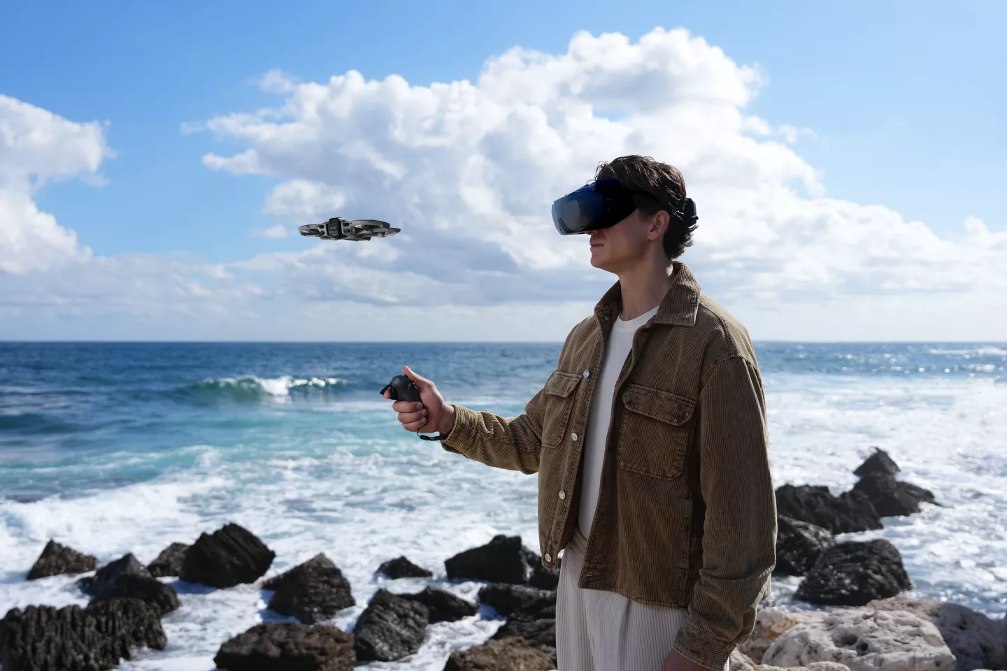 FPV goggles turn the Avata 360's live feed into a first-person flight experience