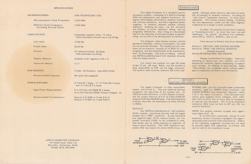 The inside cover and first page of the rare 1976 operation manual showing the specs of the system. Note the maximum RAM capacity of 8 kilobytes, which contrasts with the 16 gigabyte RAM capacity for the entry-level MacBook Pro released this week