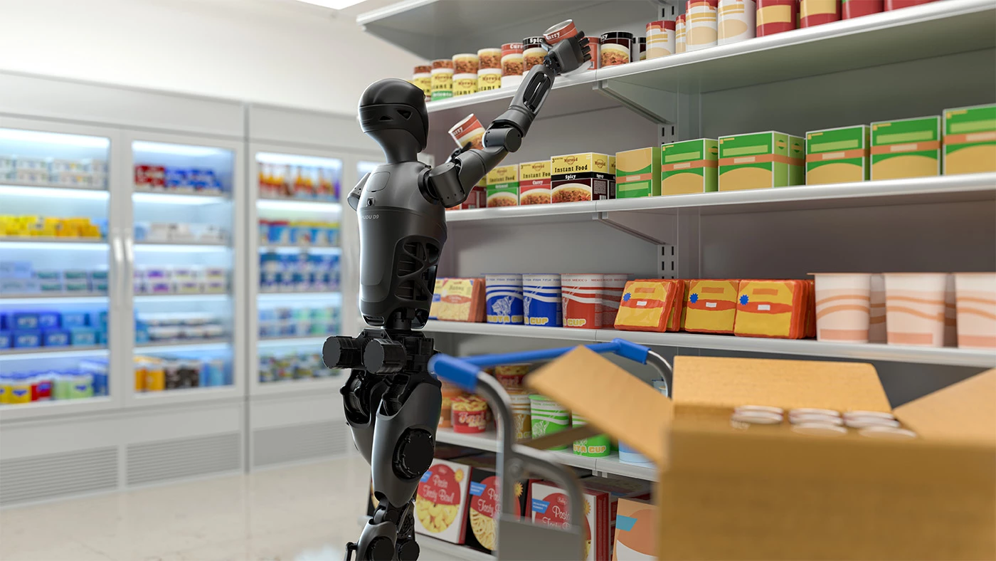 Equipped with dexterous hands, the D9 can handle small objects and tasks like stocking shelves