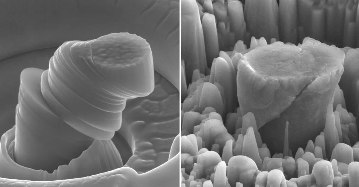 A deformed sample of pure metal on the left, compared to the strong new metal made of magnesium with silicon carbide nanoparticles on the right