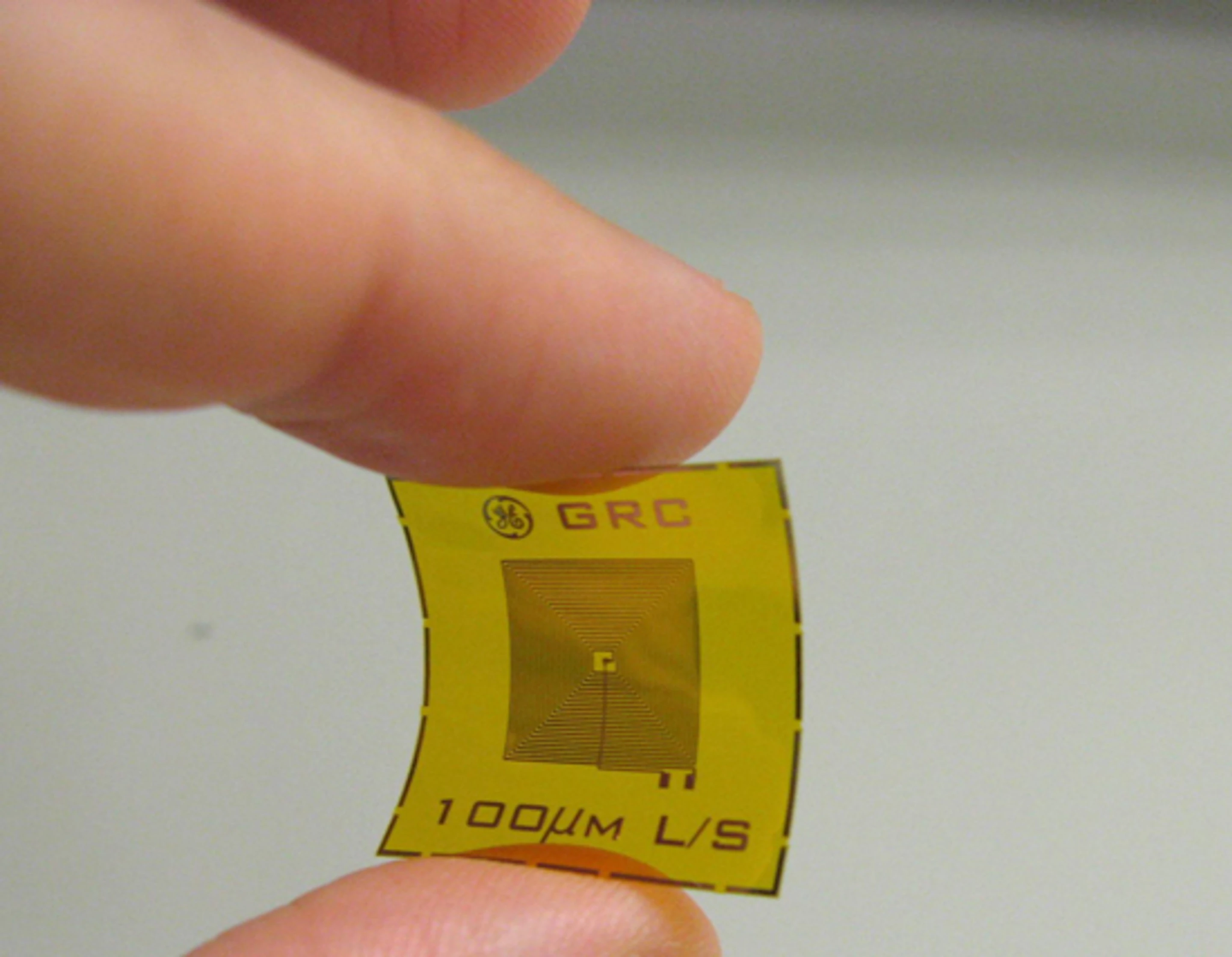 Example of a wireless, battery-free RFID sensor tag for detection of chemicals such as explosives and oxidizers (Photo: GE)