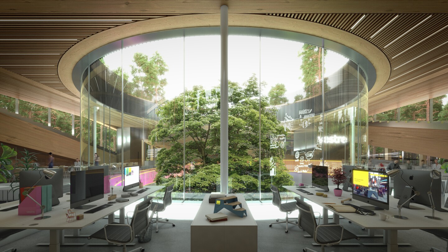 The central hub of The Plus will feature a circular courtyard filled with trees in which Vestre's latest outdoor furniture collections will be exhibited
