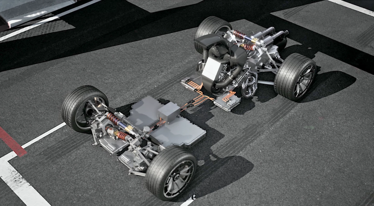 The Mercedes-AMG Project One powertrain: an F1-inspired 1.6-liter V6 with a powerful electric turbo and a monster hybrid electric AWD system
