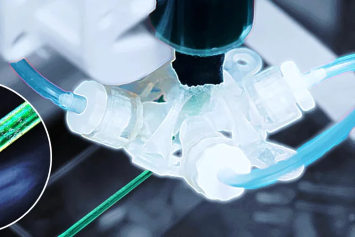 The prototype print nozzle, with its flexible pneumatic actuators