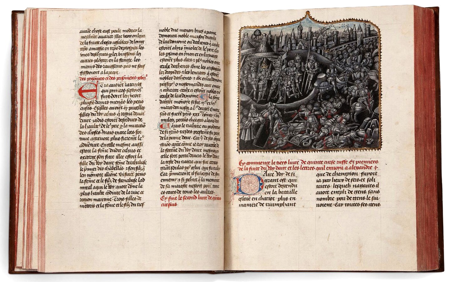 Faiz et Conquestes d'Alexandre (A History of Alexander the Great) is a French translation of an ancient text. The translation was written in France circa 1480 byVasque de Lucène, and based on a copy of Historiarum Alexandri Magni Libri which was written in first Century Rome by historian Quinte-Curce (Quintus Curtius Rufus) about the life of Alexander the Great, which in turn was largely based on the panegyric eulogy of Alexander by Clitarque of Alexandria. Faiz et Conquestes d'Alexandre (A History of Alexander the Great) sold for $988,391 (EUR €832,000) at Aguttes on December 20, 2017
