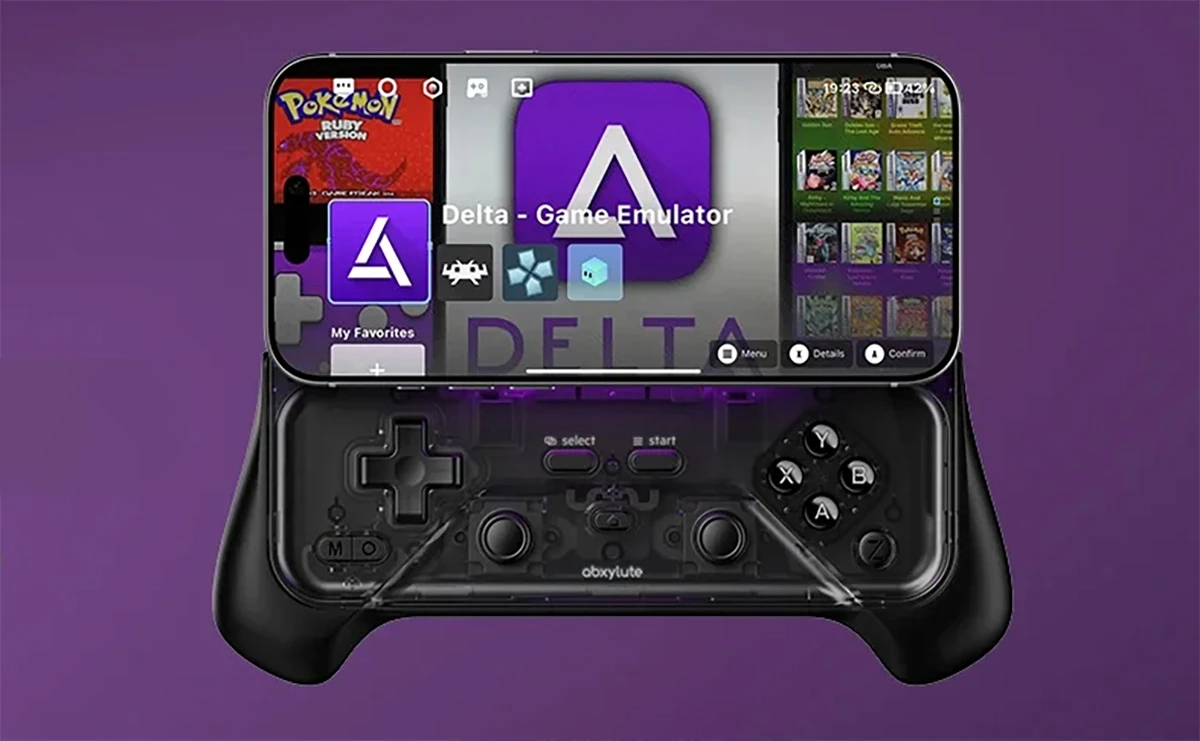 The M6, shown with the magnetic grip below it, features more tactile joysticks, linear shoulder triggers, and a traditional D-pad