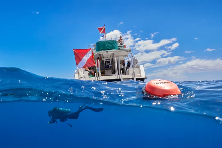The Garmin Descent S1 Smart Buoy floats on the surface above scuba divers, using sonar to send/receive messages and track their underwater location