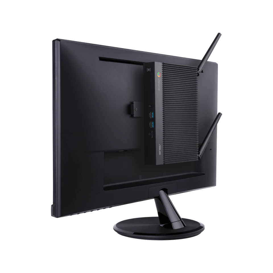 The unit can sit on a desk to make ports easier to access, or mounted to the back of a monitor for a tidier Chrome OS experience