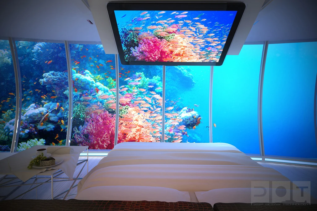 Artist's rendering of the view from an underwater guestroom at the Water Discus hotel