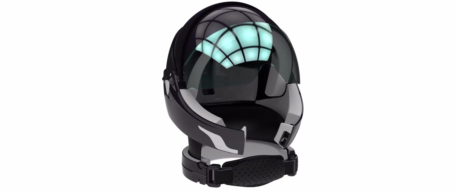 A front view of a 3D graphic rendering of the Alpha helmet