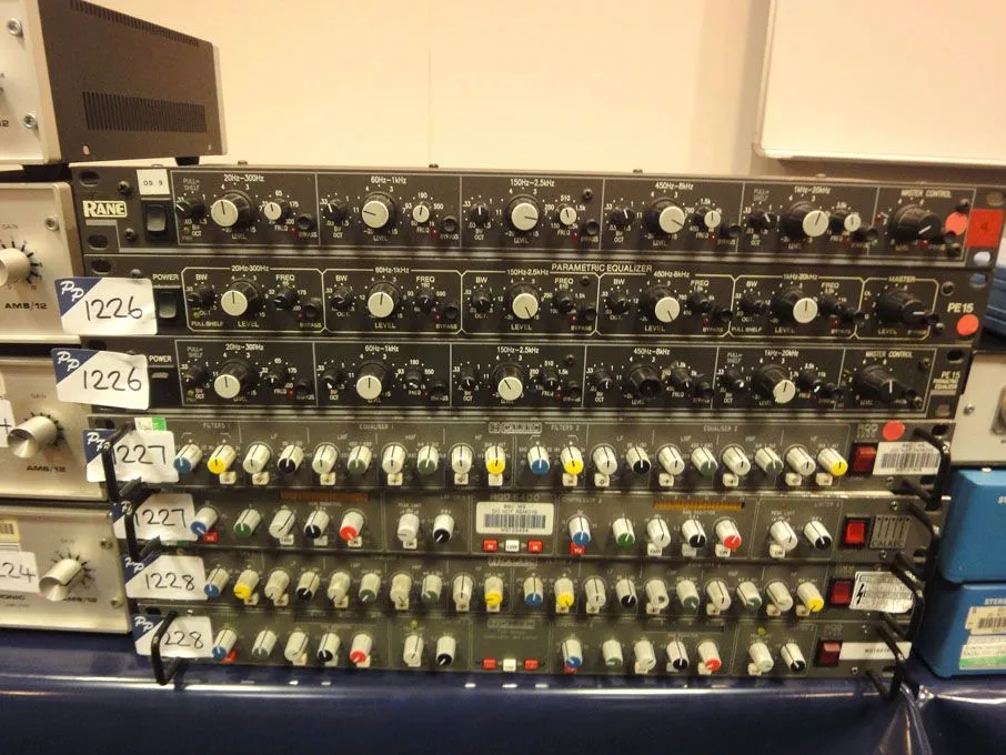 Some Rane PE15 parametric analyzers, Calrec RQQ2200 filters and equalizers and Calrec RQD6400 twin stereo compressor/limiters