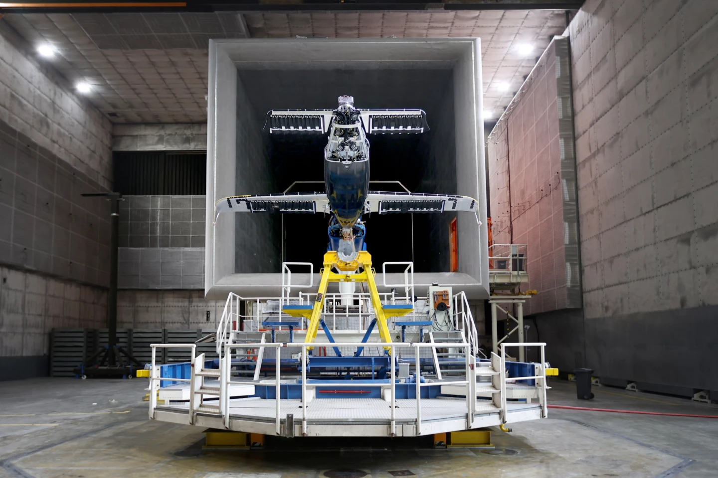 A 40% scale Lilium Jet, complete with working engines and flap actuators, in testing at the German-Dutch Wind Tunnels facility in Marknesse, Netherlands, Europe's largest wind tunnel facility