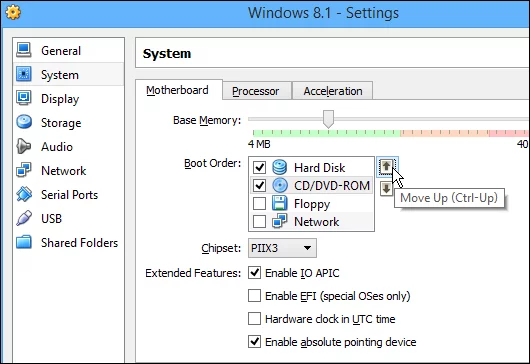 After you have Windows 8.1 installed on VirtualBox, go into settings and move the hard drive to the top position for a faster boot time
