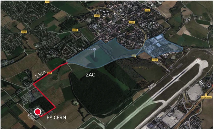 The red line indicates where the pipes will be placed, to funnel heat from the LHC Point 8 to the new ZAC development, bordered in blue
