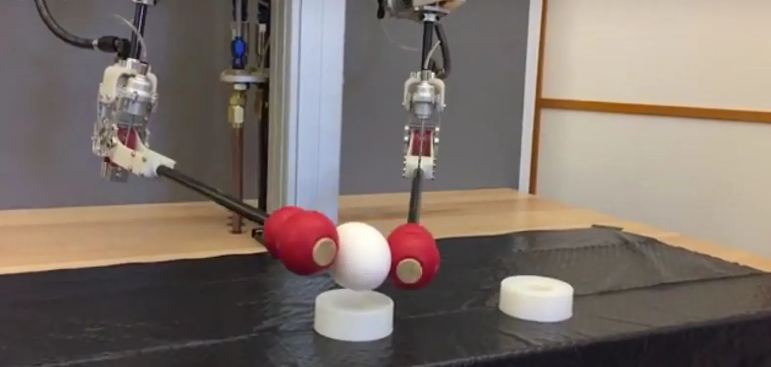 The hybrid robot picking up a raw egg