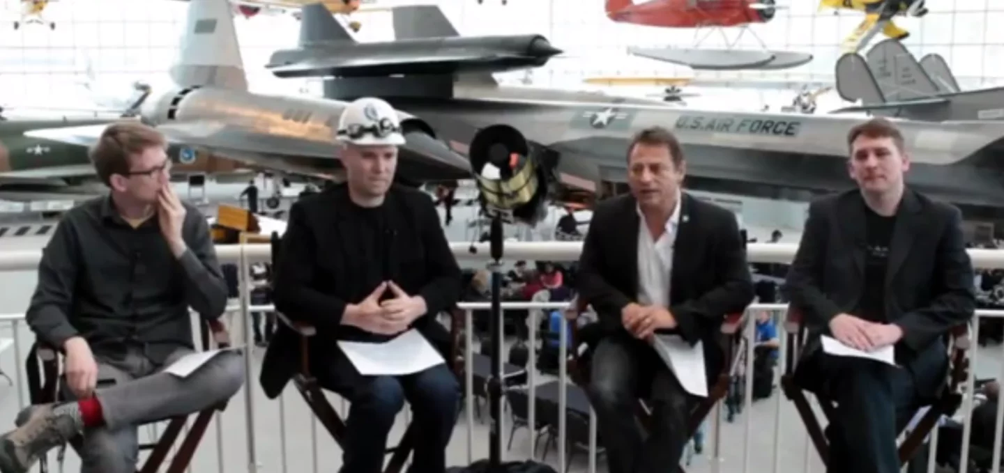 Left to right: Space advocate Hank Green, Co-Chairman of Planetary Resources Eric Anderson, Co-Chairman Peter Diamandis, and President and Chief Engineer Chris Lewicki