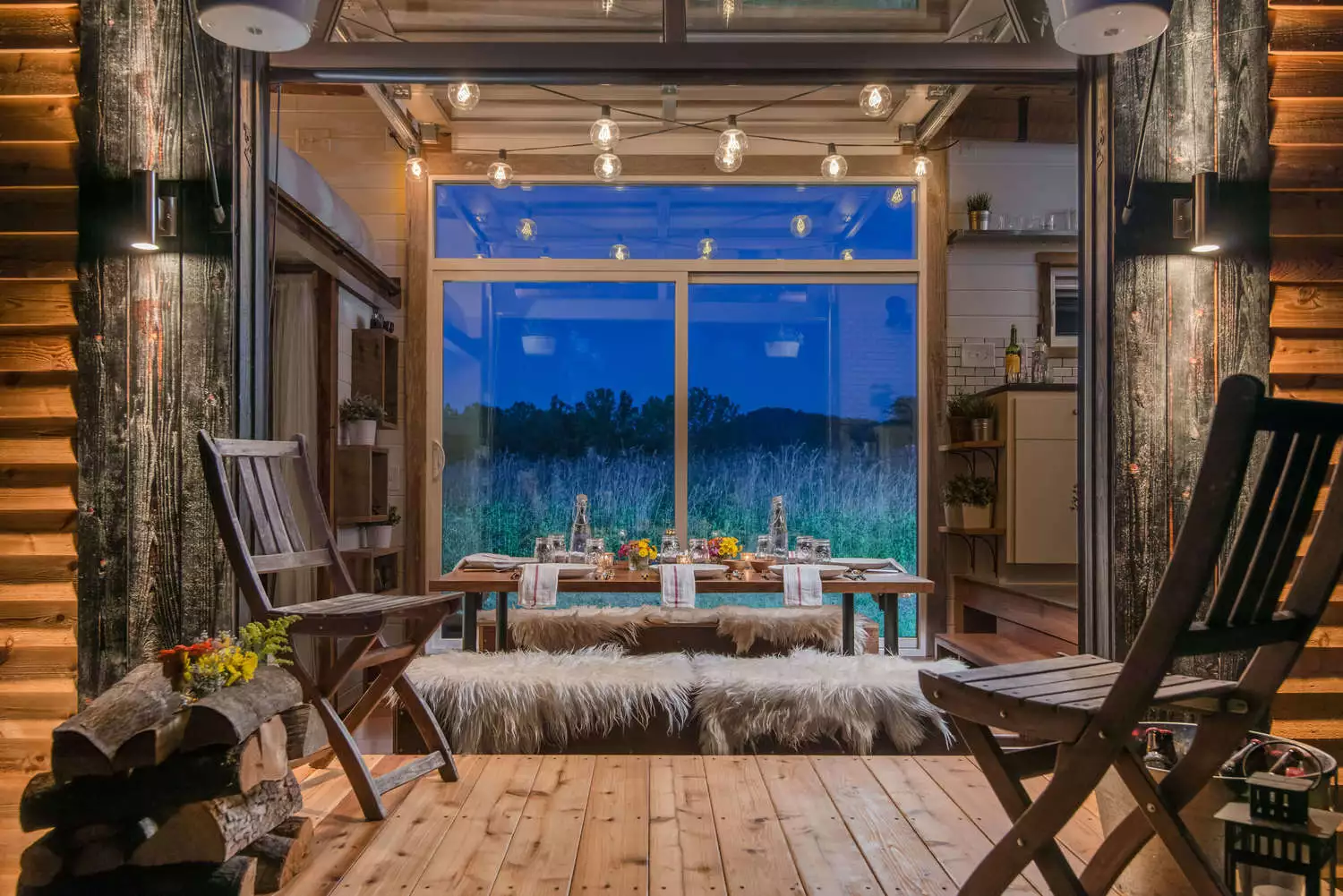 The tiny home features custom LED lighting