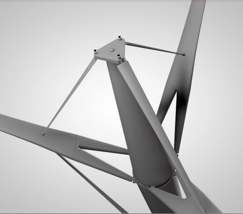 Blade support struts have an aerodynamic function as well, providing some lift while directing the wake downward
