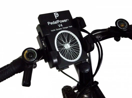 The heart of the PedalPower+ system, the V4 charging unit mounted on the handlebars