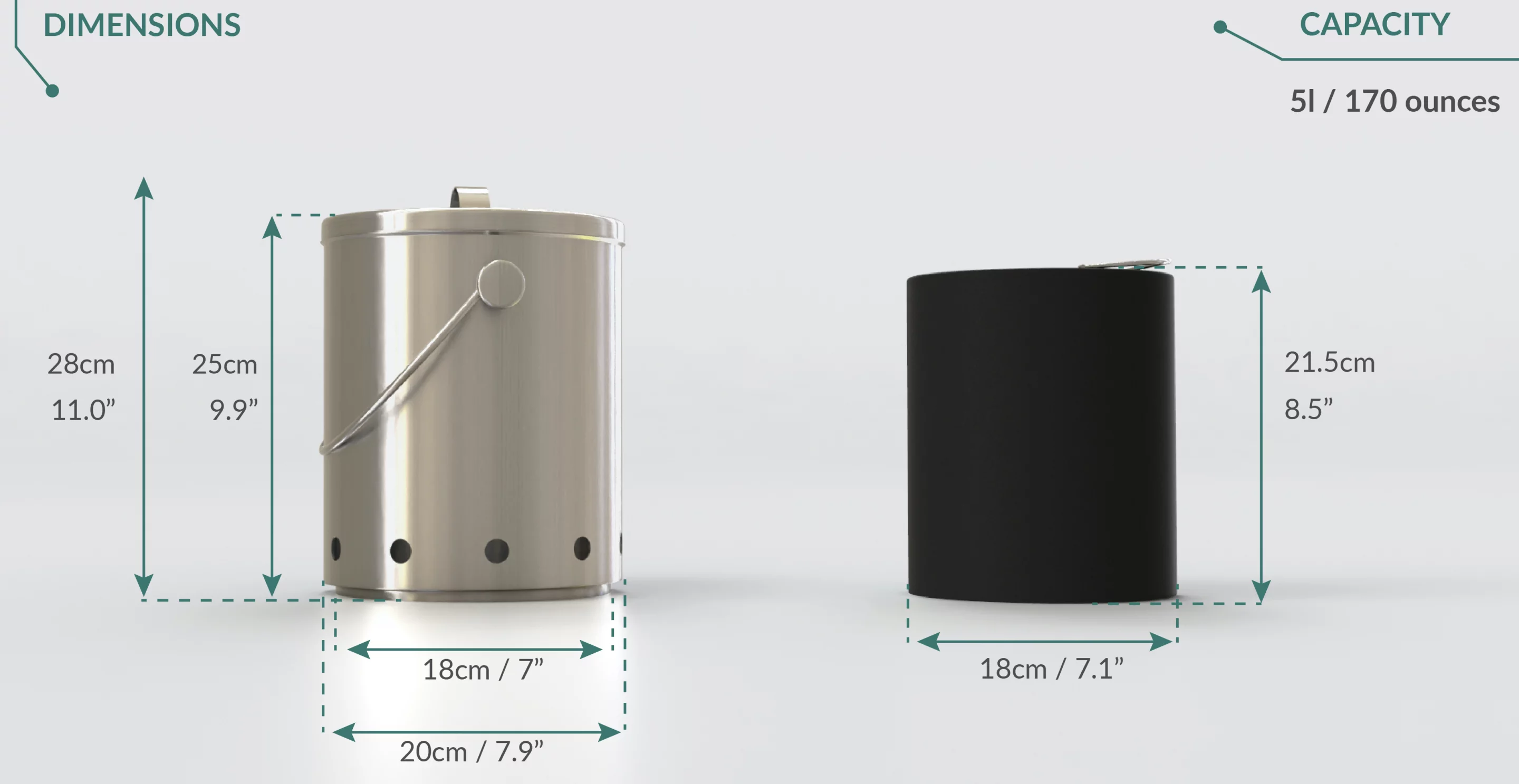 Dimensions of the outer and inner buckets