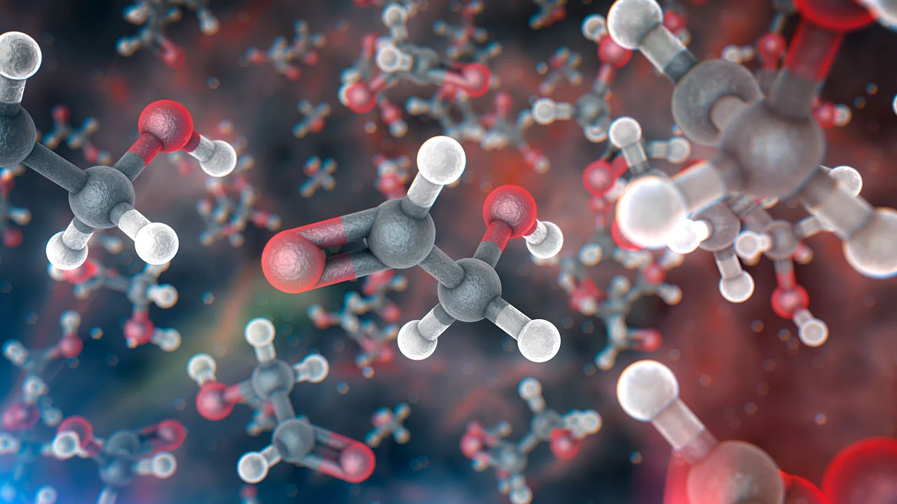 Artist’s impression of glycolaldehyde molecules (Image: ALMA/L. Calçada)