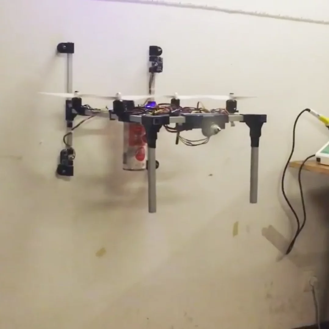 The drone designed by the Hackerloop collaborative allowing for a stable wall connection while spraying