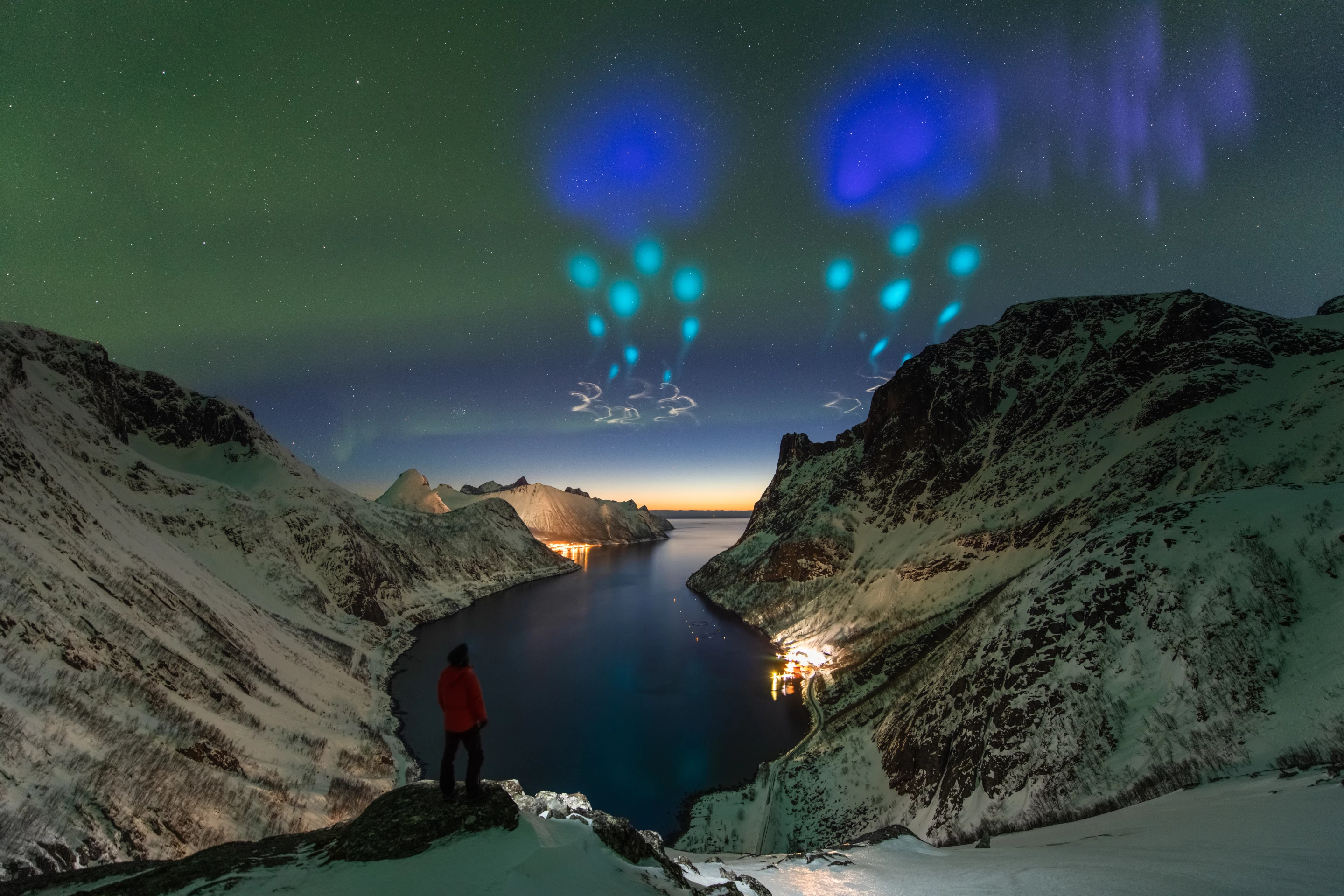 Highly Commended - People and Space. AZURE Vapor Tracers. The colours were created by the ‘Auroral Zone Upwelling Rocket Experiment (AZURE)’ from Andøya Space Centre which dispersed gas tracers to probe winds in Earth’s upper atmosphere