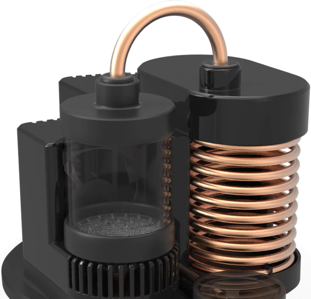 The PicoStill's copper distilling coil is designed to fit snugly over the keg that comes with the Pico C Keg