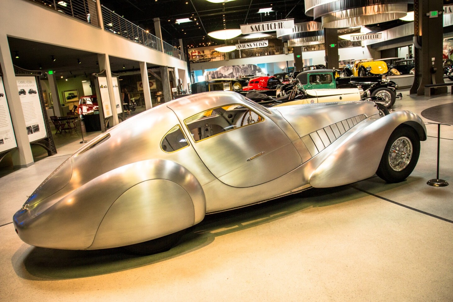 1939 Bugatti Type 64 Coupe: the lightweight duralumin chassis bounced around between several collections before ending up with Peter Mullin in 2003. Working with Stewart Reed Design and the Art Center College of Design, along with sketches Jean Bugatti made before his death, Mullin commissioned and built the extraordinary bare metal coachwork it wears today.