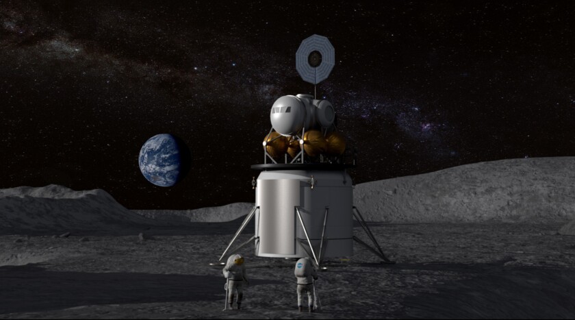 Illustration of a human landing system and crew on the lunar surface with Earth on the horizon