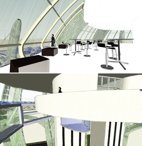Stopping at the open air Observation Platform 100 meters above natural grade, visitors can see not only the view of the city on all sides but also the array of mirrors, which their feet are walking at the mounting level of