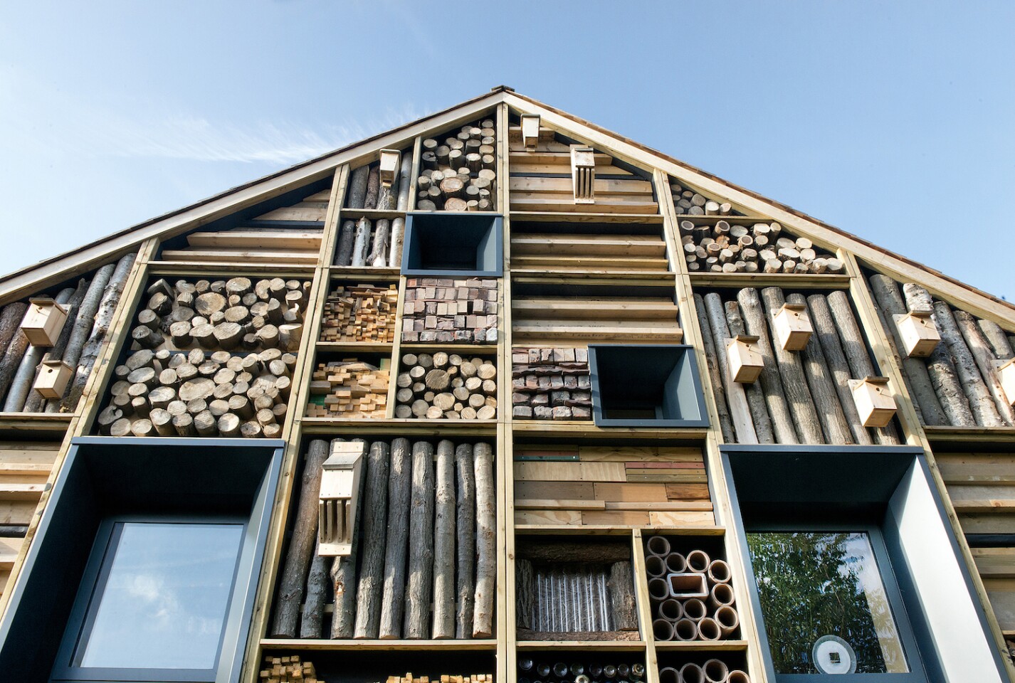 Mellor Primary School: The design incorporates a "habitat wall" on its east-facing facade which houses planters, nesting boxes, and bug habitats