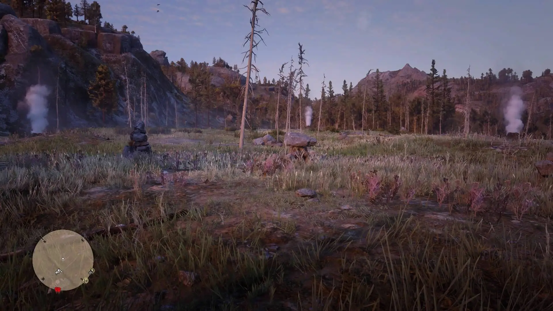 On the eastern side of the clearing at Cotorra Springs, line up the three geysers as they appear on the drawing