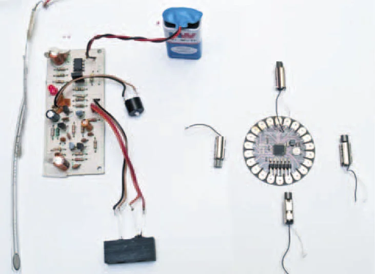 The electronic components of the Le Chal haptic feedback shoe for the blind