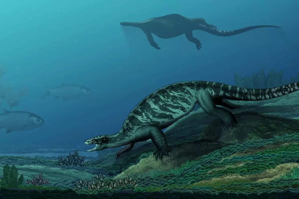 Eorhynchochelys, depicted in its natural habitat