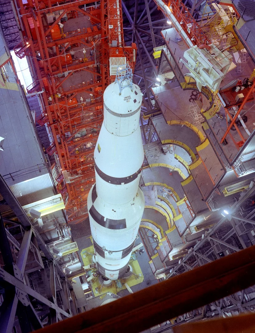 The Saturn V vehicle (SA-501) for the Apollo 4 mission in the Vehicle Assembly Building (VAB) at the Kennedy Space Center (KSC)