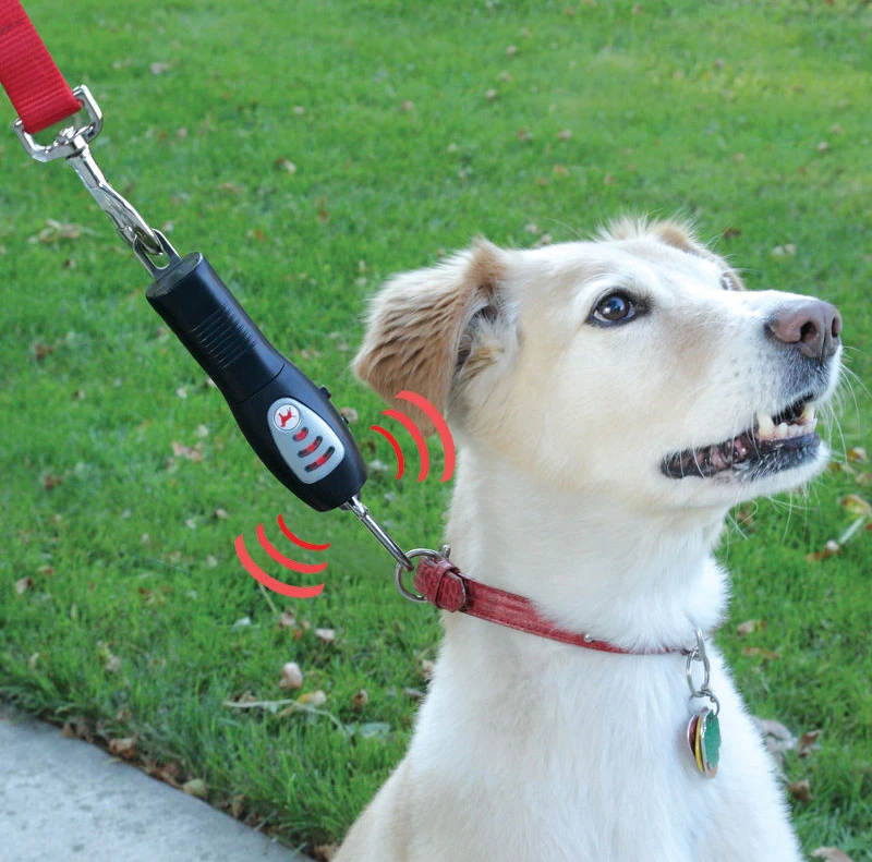 The Tug-Preventing Dog Collar trains dogs to not pull on the leash by emitting an ultrasonic tone