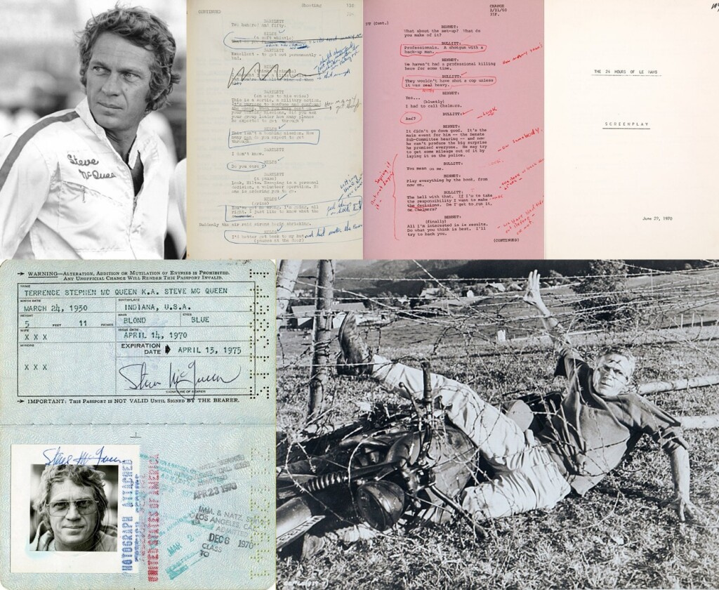 Some of the seemingly minor McQueen memorabilia fetching astonishing prices (from top left): a racing jacket with no film provenance ($50,000); Steve's script from The Great Escape ($40,000); Steve's script from Bullitt ($44,000); Steve's script from Le Mans ($44,000); Steve's passport ($37,500); and Steve's "Virgil Hilts" prison shirt from The Great Escape ($40,000). Yes, that's a $40 grand t-shirt he's wearing.